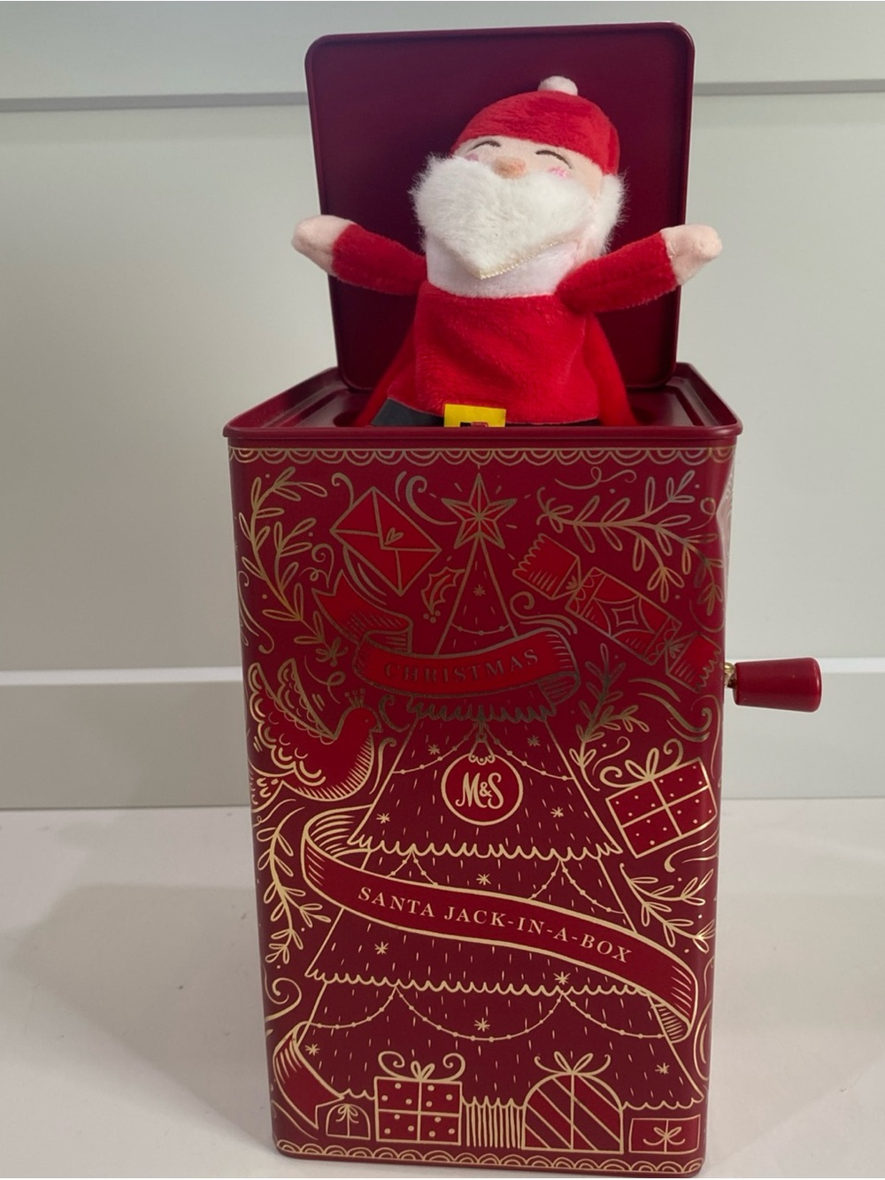 Marks & Spencer Red and Gold Santa Jack-in-the-Box Tin Empty EUC
